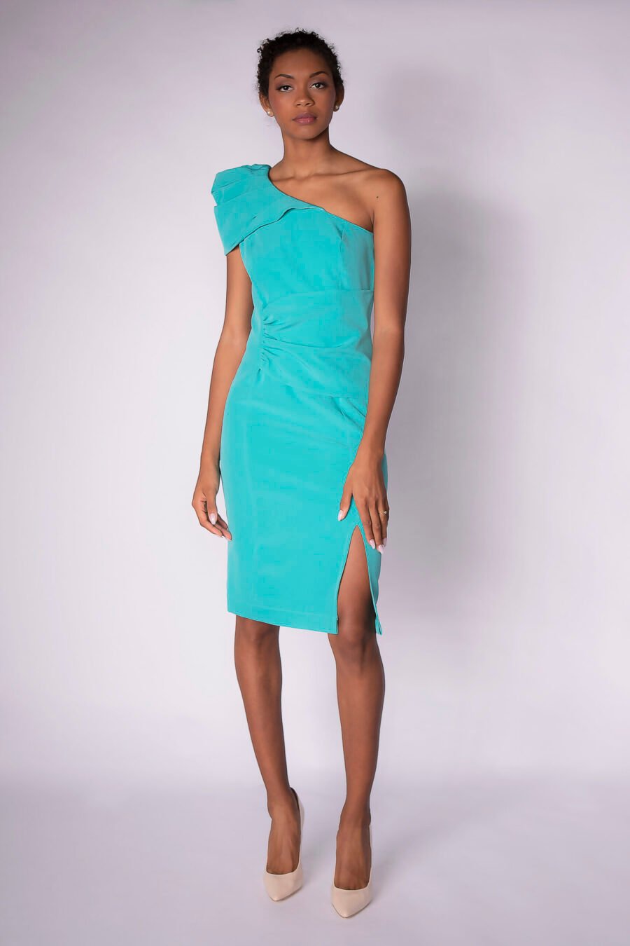 ASYMMETRICAL SHOULDER PAD MIDI DRESS