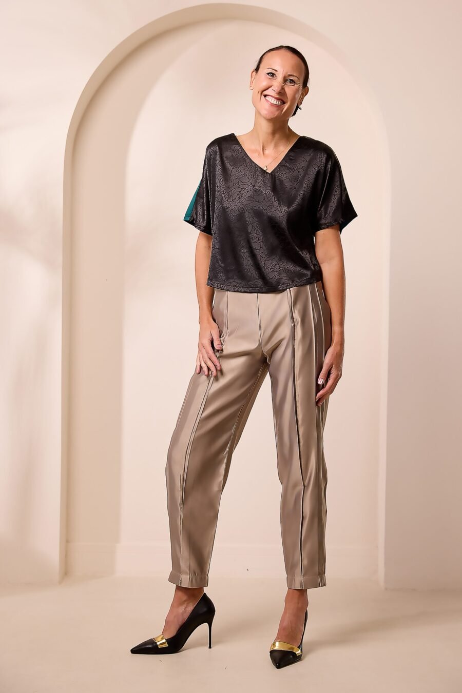 TAUPE SATIN TAILORED TROUSERS (One-To-One limited piece)