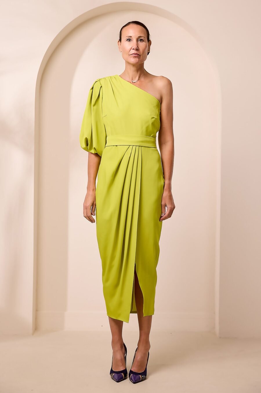 ONE-SHOULDER DRAPED MIDI DRESS